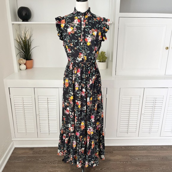 Zimmermann Black Floral Elka Vine Print Silk Frill Midi Dress Size 6/S - Picture 1 of 8